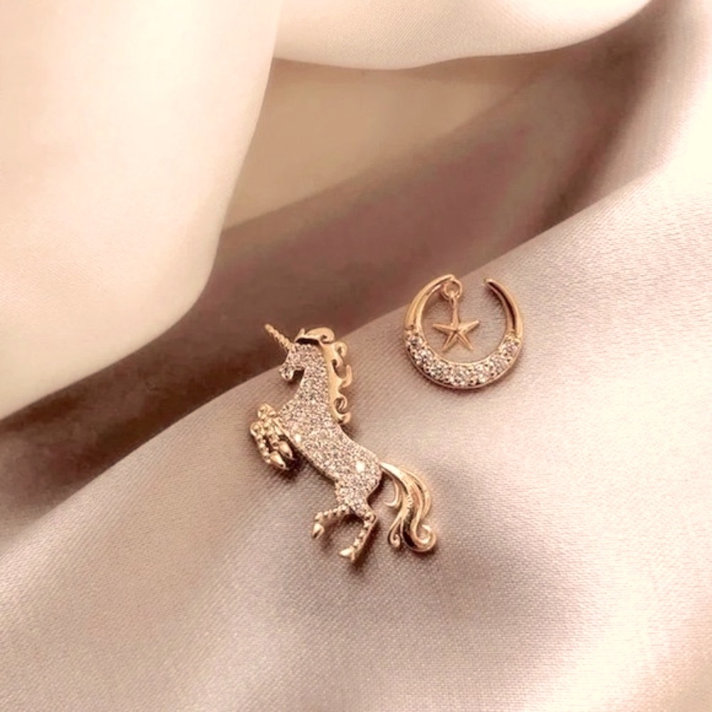 Unicorn & Moon Asymmetrical Crystal & Cubic Zircon Stud Earrings - Picture 2 of 2